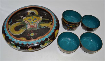 Lot 197 - Six Chinese cloisonne small bowls and large bowl with dragon picture