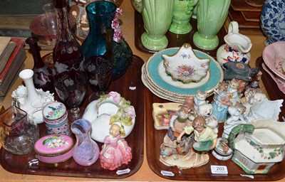 Lot 203 - Two trays including decorative glass ware, Beatrix Potter figures (a.f.), cabinet plates,...