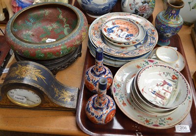 Lot 206 - Assorted 18th century Chinese porcelain, pair of Imari bottle vases, cloisonne bowl on hardwood...