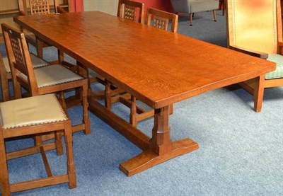 Lot 869 - A Peter  "Rabbitman " Heap Oak 7' Three Plank Dowelled Top Refectory Table, on two octagonal...