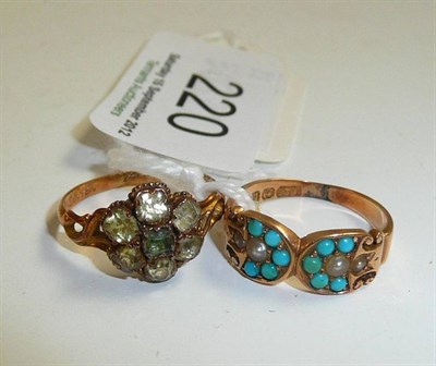 Lot 220 - A turquoise and seed pearl ring and a chrysoberyl cluster ring (2)