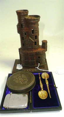 Lot 227 - Cast iron castle money box, cased silver anointing spoons, silver vesta and a circular snuff box