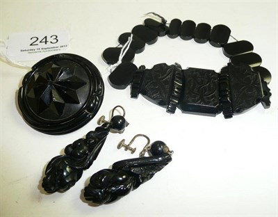 Lot 243 - A jet brooch, bracelet and a pair of drop earrings