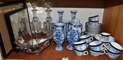 Lot 267 - Eight blue and white Delft vases, plated food warmer, three engravings, two decanters and a tea set
