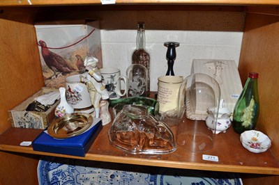 Lot 271 - Shelf including Crown Devon pottery mug, whisky decanter, three glass ships in bottles, pottery...