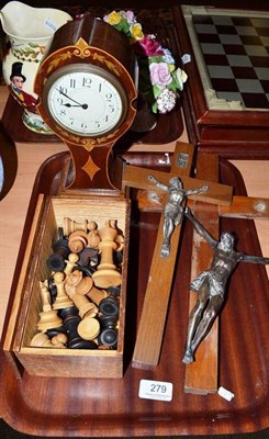 Lot 279 - Mahogany balloon shaped mantel clock, chess set in original box and two crucifixes