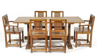 Lot 876 - A Derek  "Fishman " Slater Oak 5'10 " Rectory Table, on two shaped supports joined by...