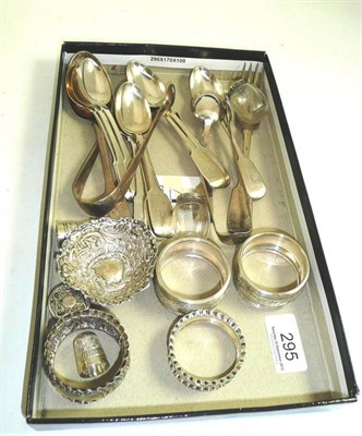 Lot 295 - Assorted Victorian silver teaspoons, two pairs of sugar tongs, napkin rings etc