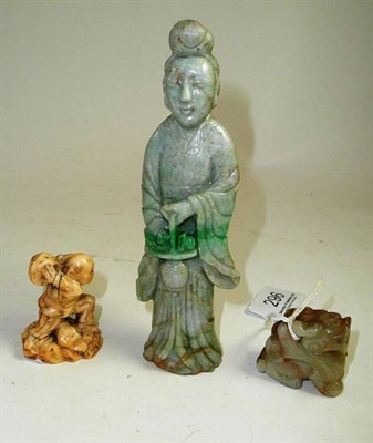 Lot 296 - Chinese jade dragon carving, an ivory okimono and a hardstone Guanyin (3)