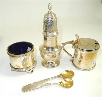 Lot 303 - Three piece cruet set and two silver spoons