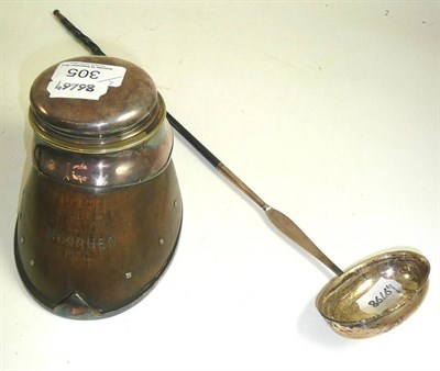 Lot 305 - Silver toddy ladle and a silver plated mounted horse hoof inkwell 'Moorhen 1870' (2)