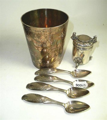 Lot 338 - White metal engraved beaker, four white metal teaspoons and a white metal pepper pot