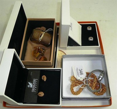 Lot 346 - Two pairs of Swarovski earrings, a pendant, two pairs of Wedgwood cufflinks, a Viyella scent...