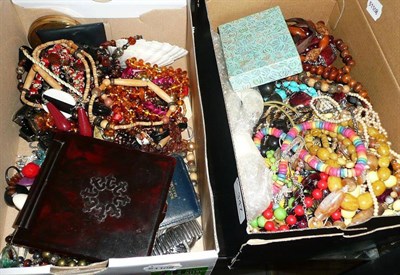 Lot 347 - Two boxes of costume jewellery including hat pins, mirrors, a modern fan, bead necklaces, etc