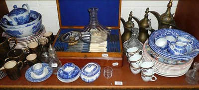 Lot 376 - Shelf of ceramics etc including Spode blue and white, cased game cutlery, cased fish cutlery,...