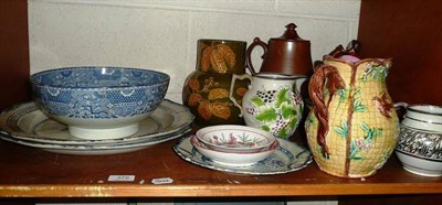 Lot 378 - Two pearlware feather edged chargers, pearlware pedestal bowl, salt glazed teapot and cover, a...