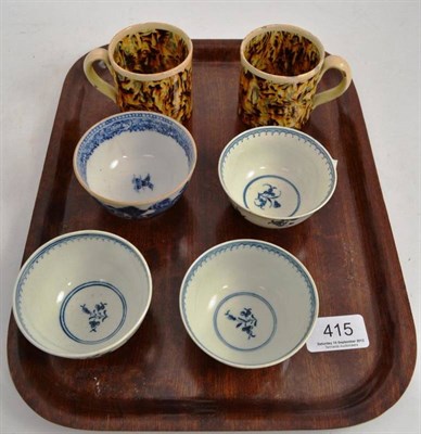 Lot 415 - Three 18th century Worcester tea bowls, blue and white tea bowl and two 18th century coffee cans