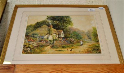 Lot 417 - Gilt framed watercolour of a figure by a country cottage and gardens with hens in the...