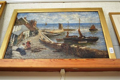 Lot 418 - A gilt framed oil on canvas, Lynmouth harbour scene with fishing nets, signed R.Chambers