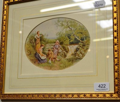 Lot 422 - Framed oval watercolour, figures resting by a stream after Miles Birket Foster, attributed to...