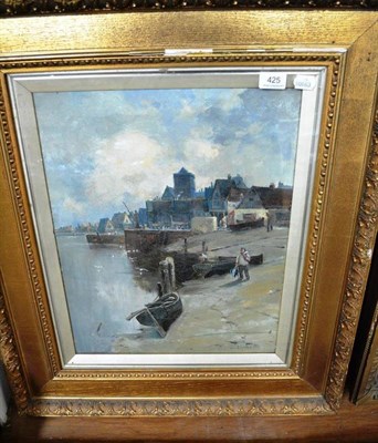 Lot 425 - A gilt framed oil on canvas, harbour scene with fishing boats and figures, signed J.Docharty