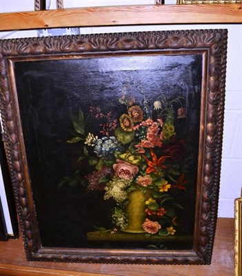 Lot 428 - Large decorative oil on canvas, still life of flowers in a jug, signed E.Jay