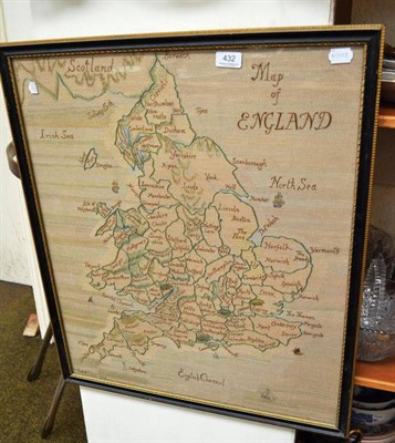 Lot 432 - Framed embroidery 'Map of England' worked by Judith Lear dated 1936, worked in green and blue silks