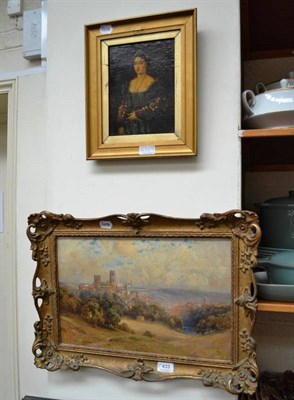 Lot 433 - A gilt-framed oil on board 'Durham Cathedral' and an oil over a print based portrait of a lady (2)