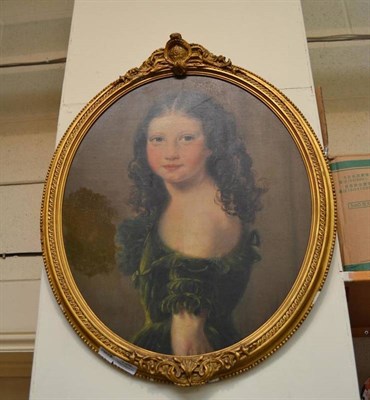 Lot 436 - Oval framed oil on board, portrait of a young girl in a green dress