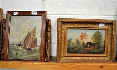 Lot 448 - Pair of small gilt framed oils on canvas, river and cottage scenes, small oak framed oil of fishing