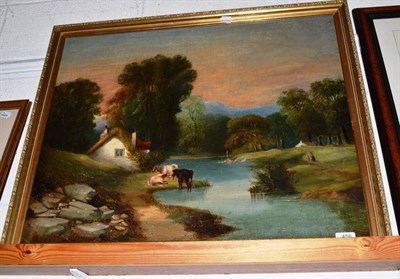 Lot 456 - A large 19th century gilt framed oil on canvas, cattle and a country cottage bedside a river