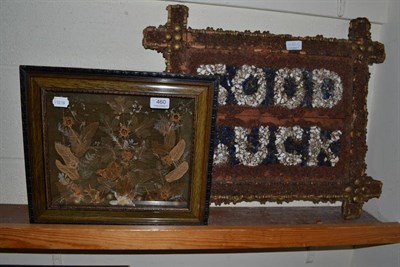 Lot 460 - A Victorian leaf collage picture and a 'Good Luck' sign in glass, ceramic and cork