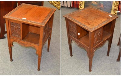 Lot 895 - A Matched Pair of English Oak Arts and Crafts Book Tables, of square form with stylised carving...