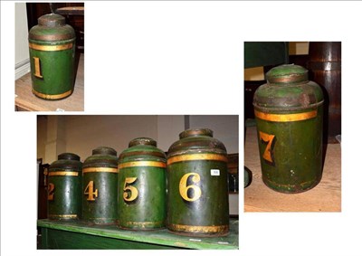 Lot 508 - Six Toleware green painted numbered tea canisters and covers