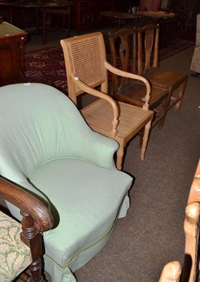 Lot 583 - A light oak carver chair with caned back, green upholstered nursing chair and two 19th century...