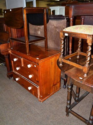 Lot 613 - A mahogany drop leaf table, an oak stool with upholstered seat, standard lamp and shade, three...