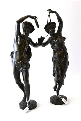 Lot 926 - After Ernest Rancoulet: A Pair of Bronze Figures of Peasant Musicians, he playing a tambourine, she