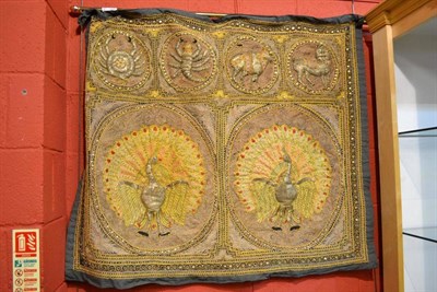 Lot 704 - Eastern wall hanging embroidered with peacocks and sequin decoration