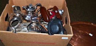 Lot 206A - Box of assorted plated wares, copper oval tray, two cameras etc