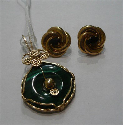 Lot 6 - A pair of 9ct gold sapphire earrings and a malachite pendant
