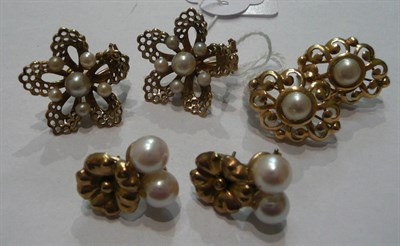 Lot 11 - Three pairs of cultured pearl-set earrings