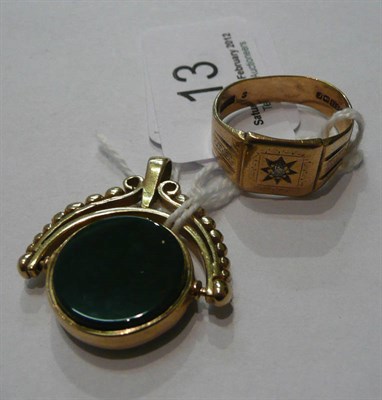 Lot 13 - A 9ct swivel fob and a 9ct gold diamond-set ring