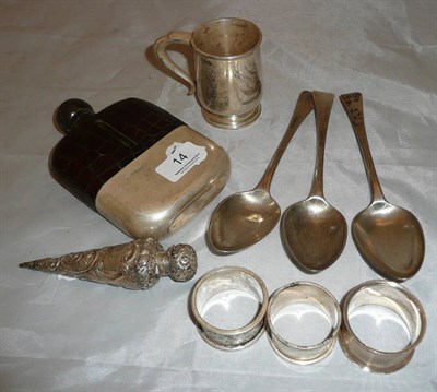 Lot 14 - Silver mounted pocket flask, three silver spoons, ring scent flask and serviette rings