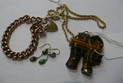 Lot 25 - Two 9ct gold chains, a tiger eye elephant pendant and a pair of turquoise earrings