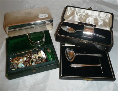 Lot 35 - Silver napkin ring, two silver Christening sets, silver cigarette box and a box containing...