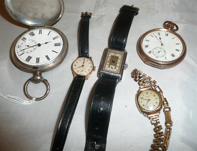 Lot 36 - An Art Deco chrome wristwatch, lady's 18ct gold wristwatch, lady's 9ct gold wristwatch and two...
