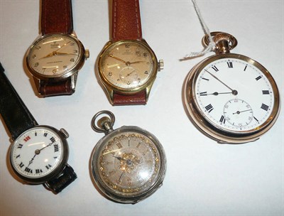 Lot 38 - A Tudor Royal gilt metal wristwatch, an Omega wristwatch, one other wristwatch, fob watch and a...