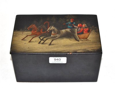 Lot 940 - A Russian Lacquer Tea Caddy, 19th century, the hinged cover painted with a troika in a winter...