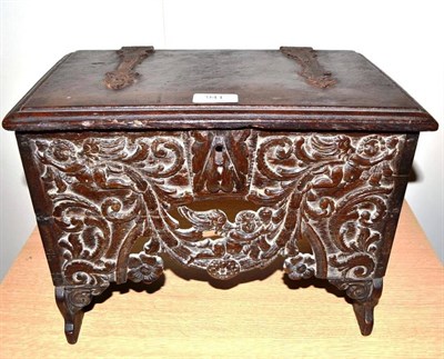 Lot 941 - A 17th Century Oak Marriage Box, of rectangular form with hinged cover, carved with swags of...