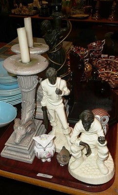 Lot 52 - Figural lamp base, mahogany bracket, two Minton figures etc